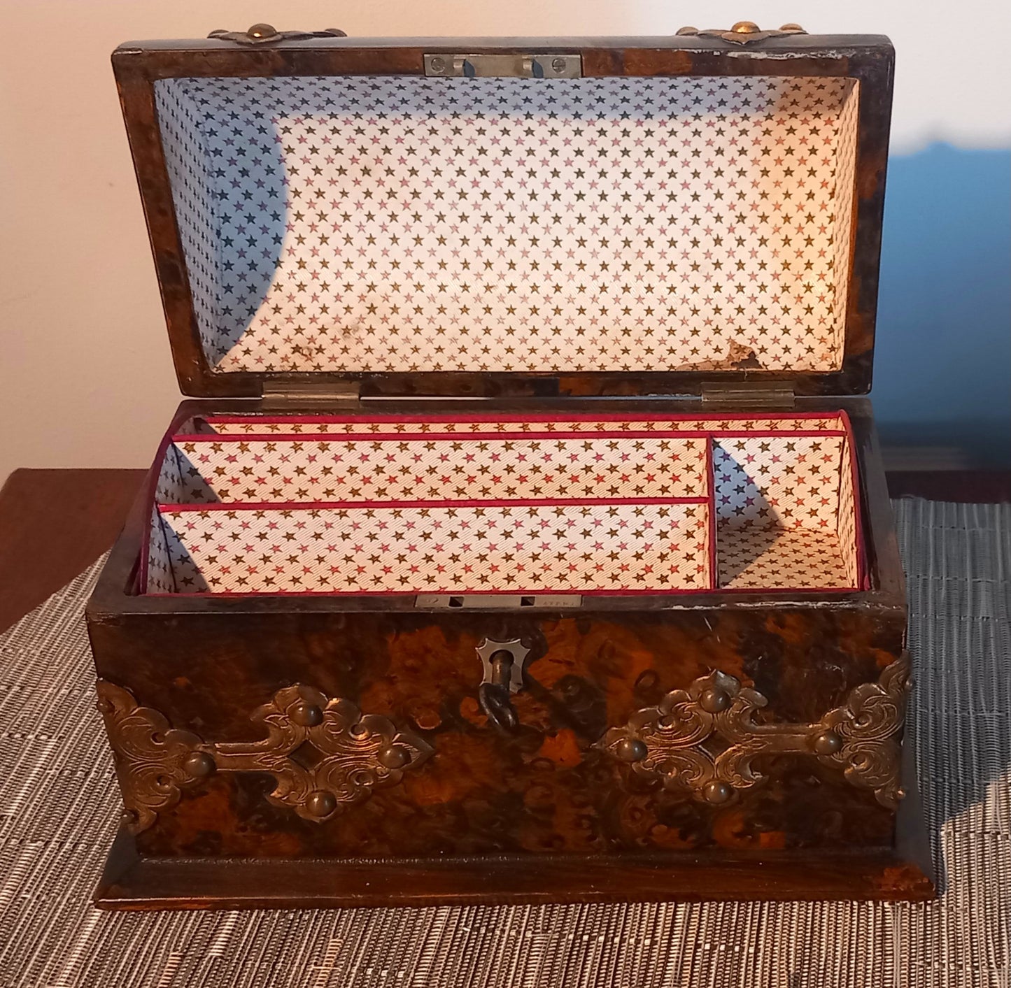 Antique 1850s Burr Walnut & Brass Letter/ Stationery Box