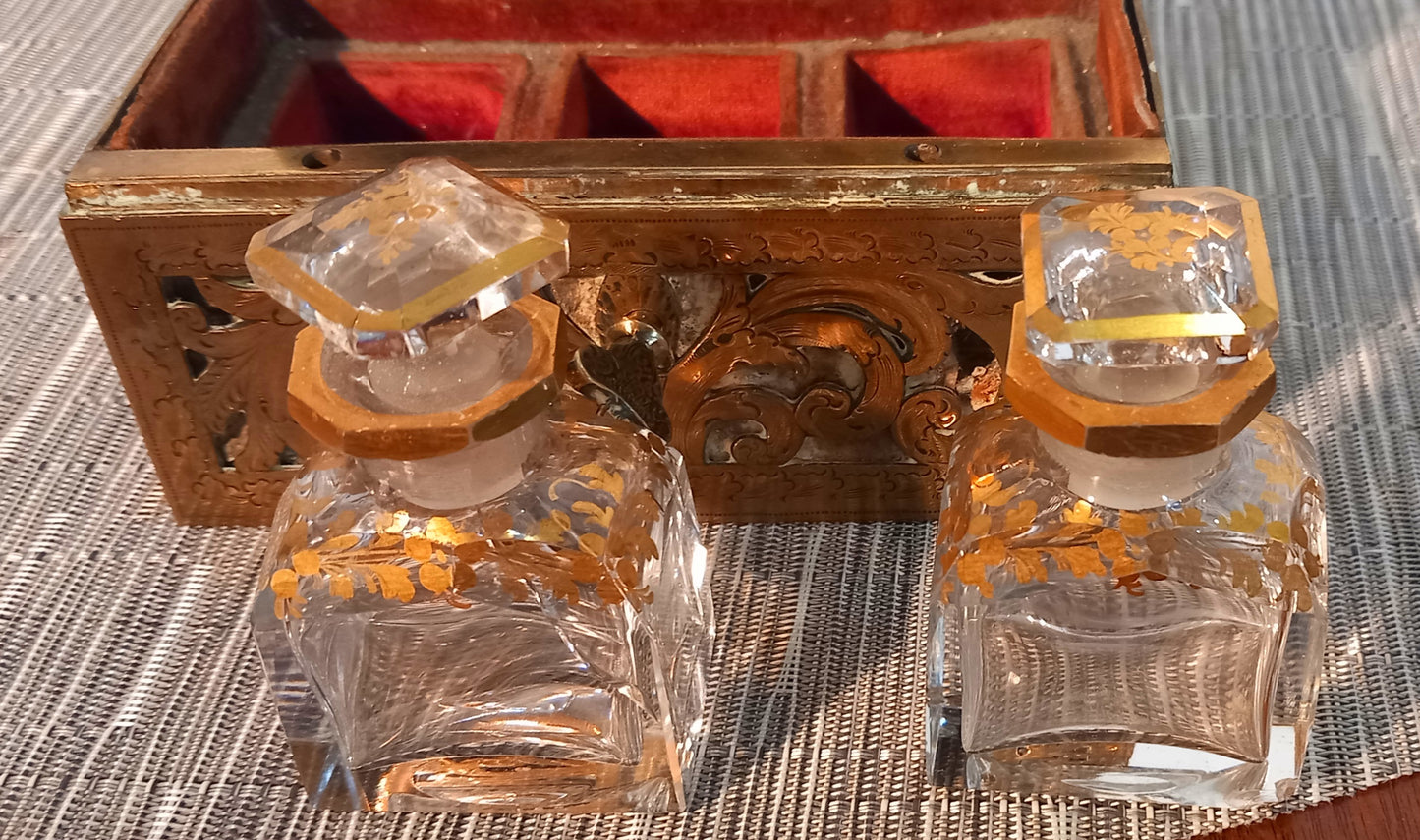 Antique 1800's Napoleon III Palais Royal Brass Casket with Perfume Bottles