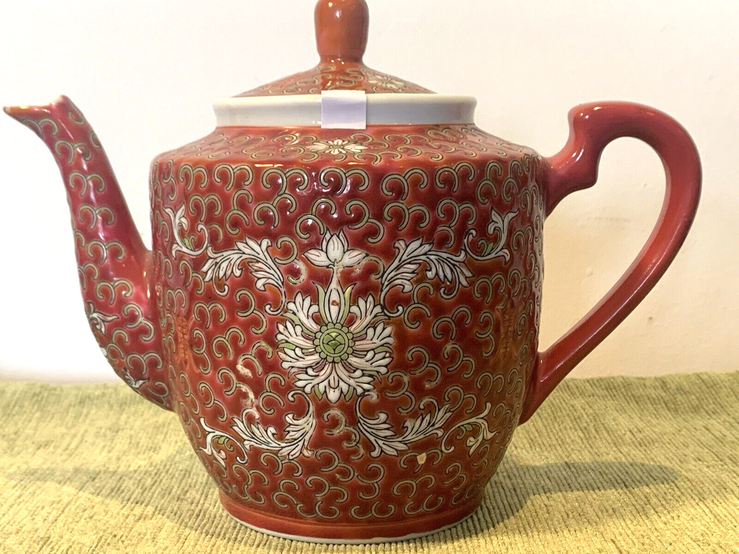 Rare Vintage Chinese Famille Rose Red Jingdezhen Man Shou Enamelled Teapot