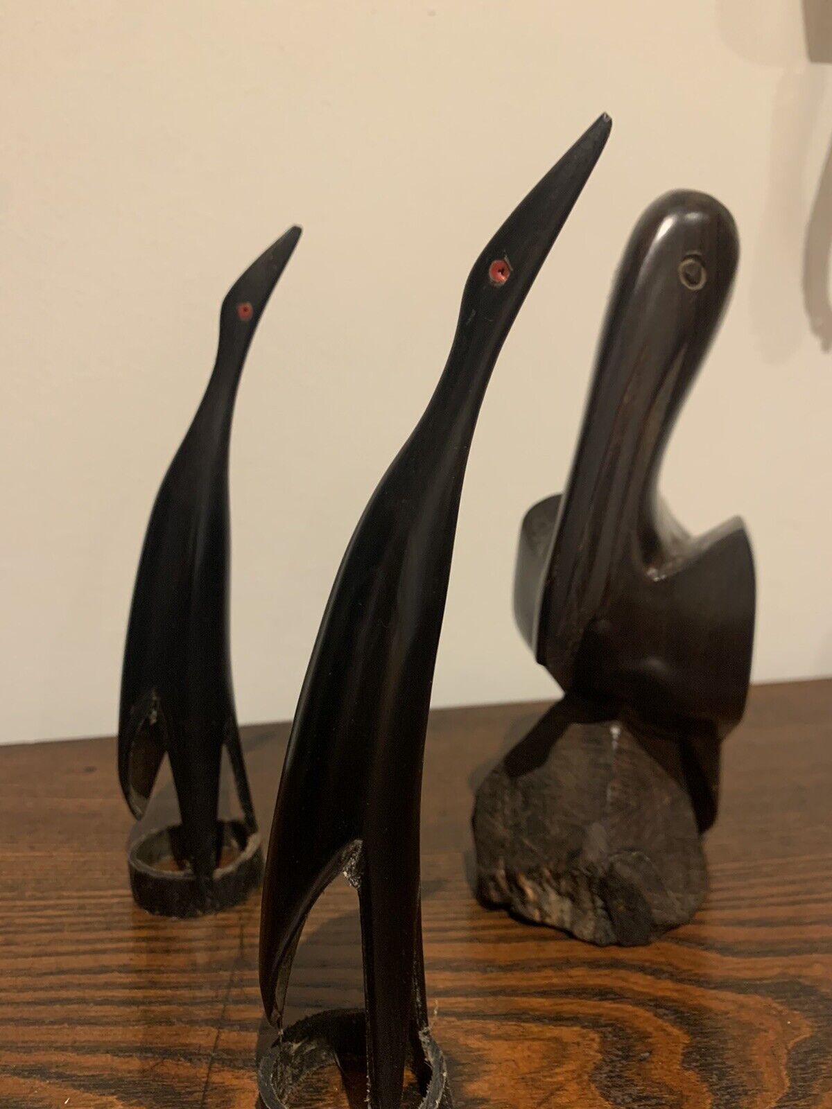 African (Benin) Carved Birds, Wooden Pelican & Pair of Horn Carved Cranes
