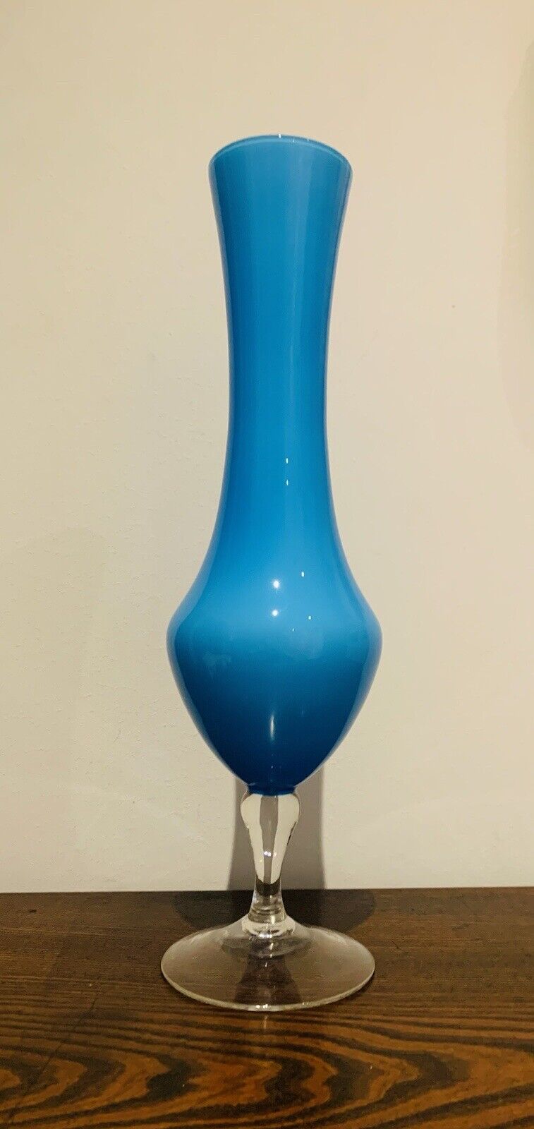 Vintage Empoli Italian Turquoise Blue Opaline Glass Vase, Mid Century Modern
