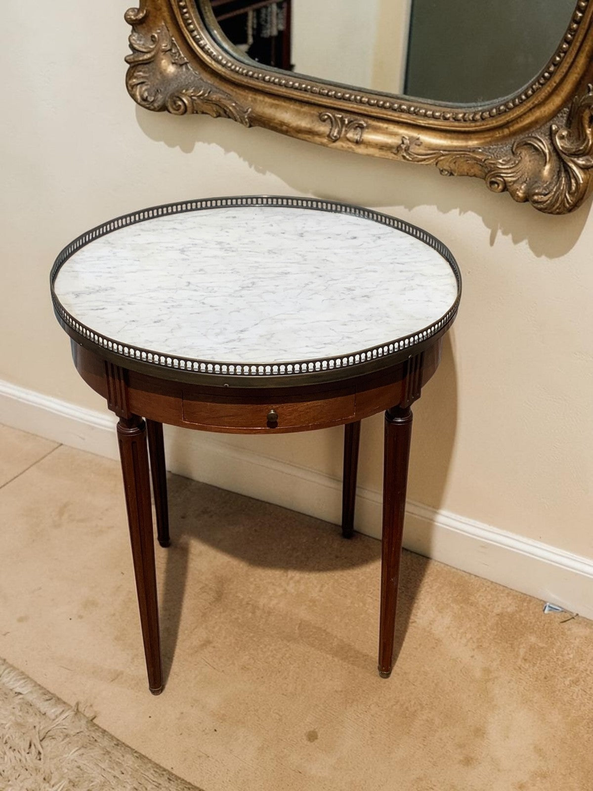 French Louis XVI Mahogany Bouillotte Table Marble Top 2 Drawers 2 Slides c1890