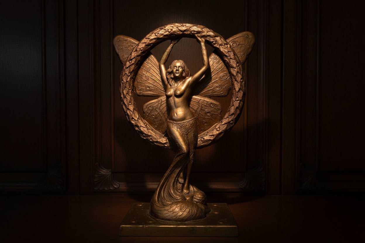 Large Heavy Vintage Art Nouveau-Style Golden Fairy Sculpture with Laurel Wreath