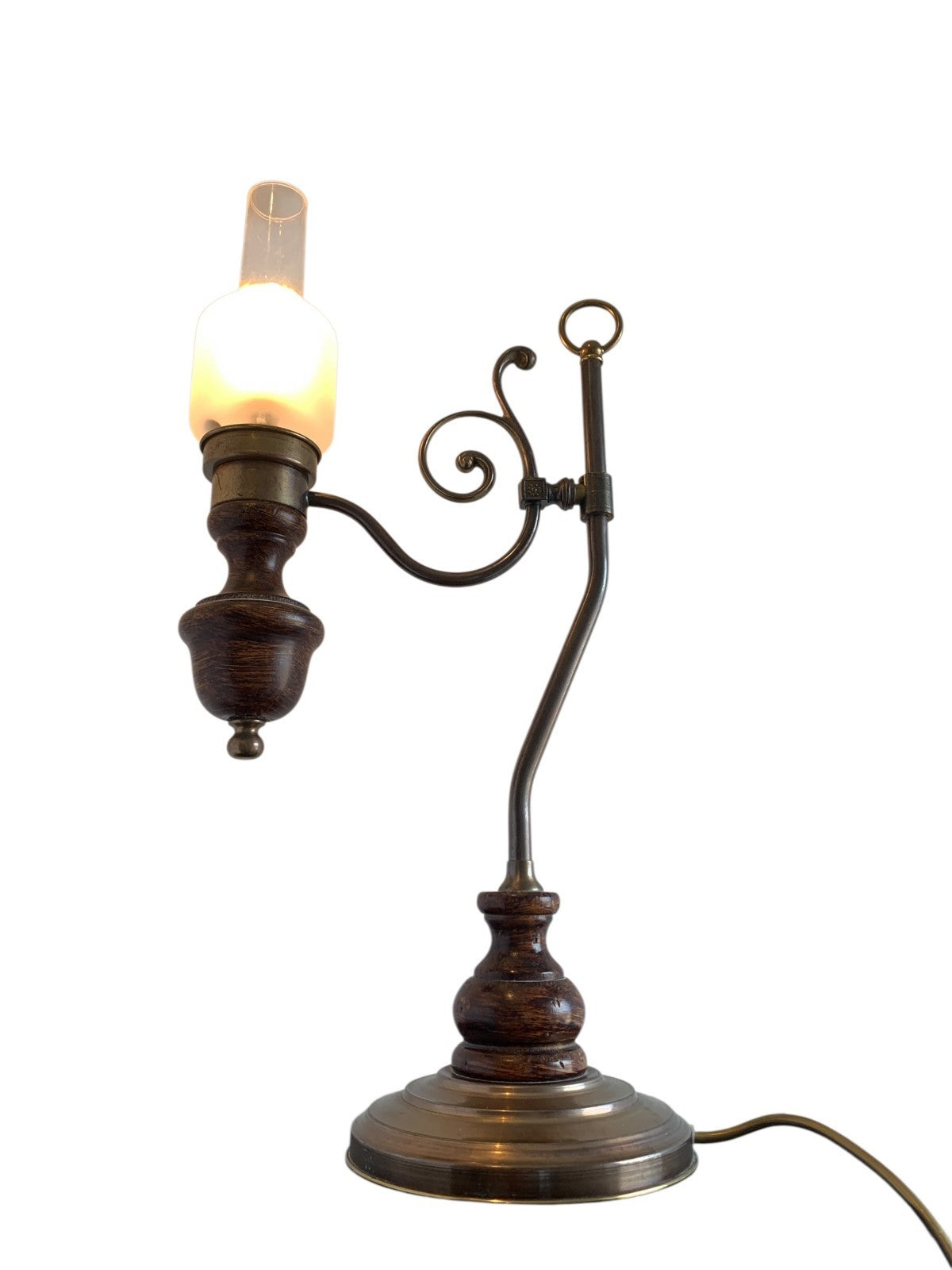 Vintage Art Nouveau "Student" Style Brass & Wood Table Lamp with Glass Shade