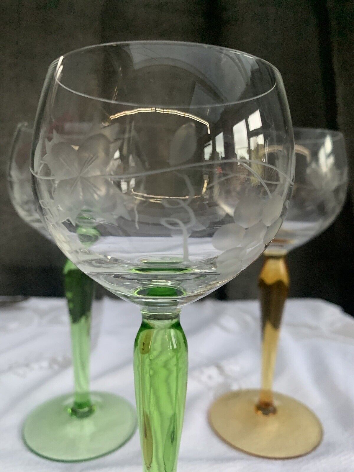Vintage Bohemian Style Art Nouveau Set of 4 Glasses, clear & green/amber