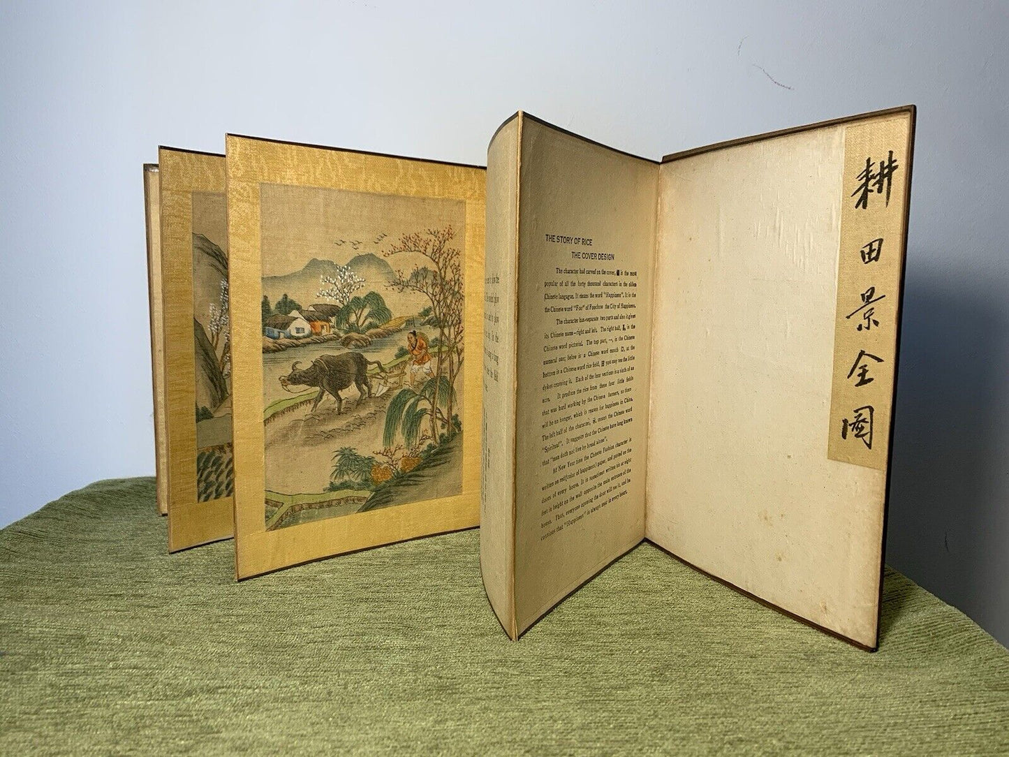 Vintage 1930 Chinese Folded Book, Hand Painted Illustrations, Wooden Cover