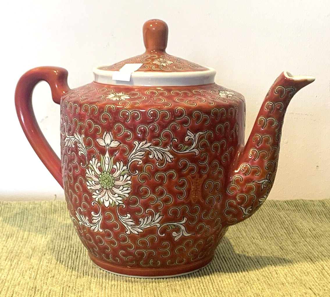 Rare Vintage Chinese Famille Rose Red Jingdezhen Man Shou Enamelled Teapot