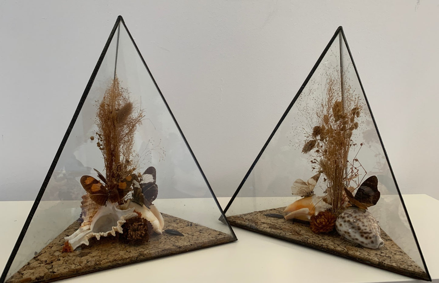 Vintage 1970s Pair of Large Geometric Pyramid Butterfly & Shell Terrariums
