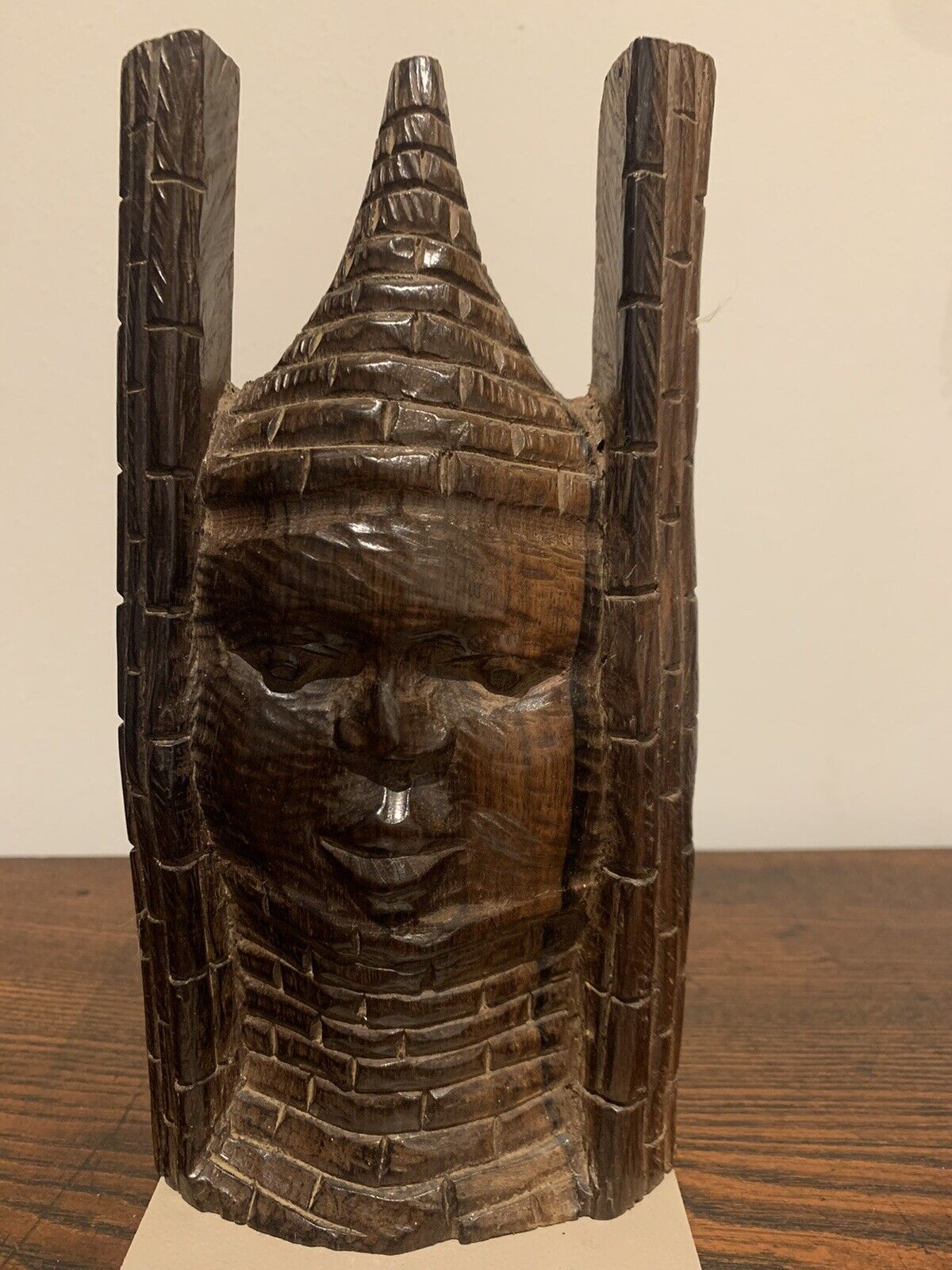 African Carved Wood, Old Benin Oba Head, Wall Hanging Sculpture