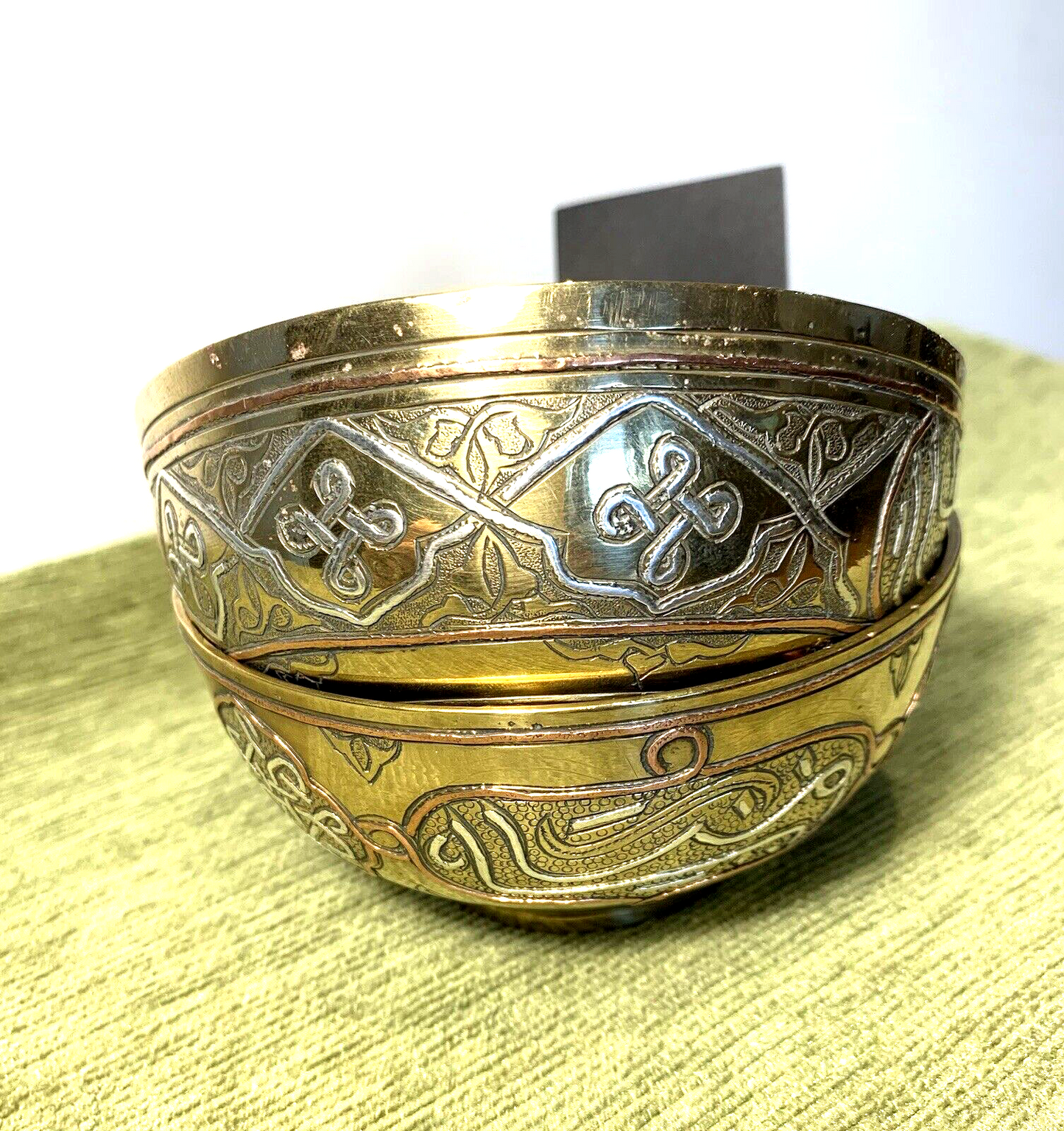 Antique Pair of Syrian Islamic Brass Bowls with Copper & Silver Inlay Decoration