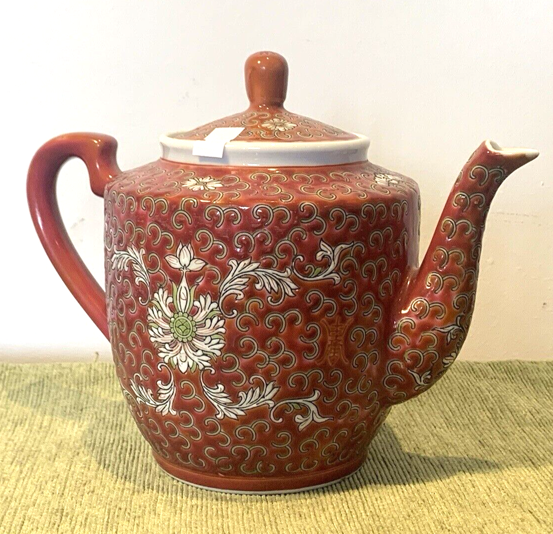 Rare Vintage Chinese Famille Rose Red Jingdezhen Man Shou Enamelled Teapot