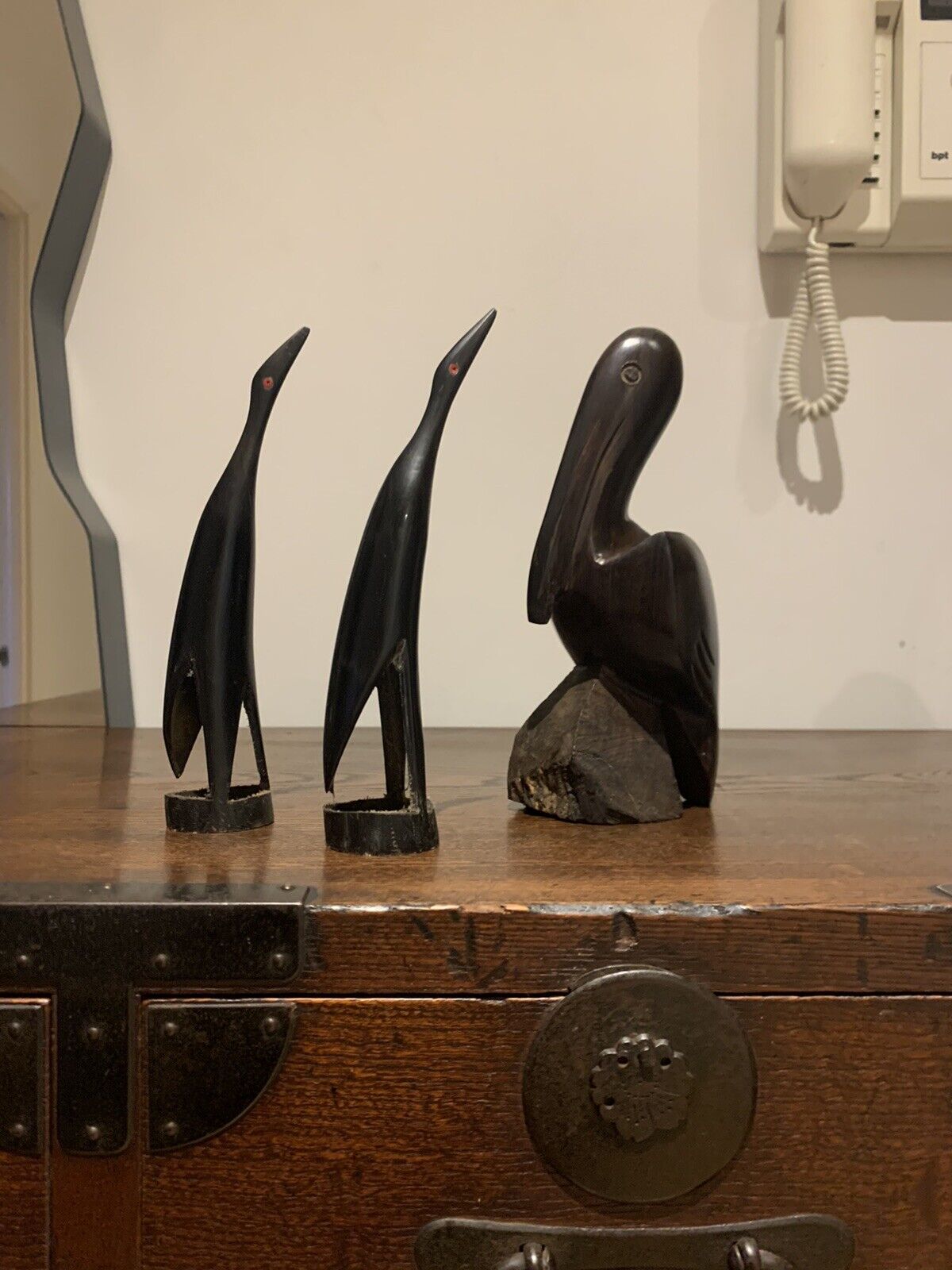 African (Benin) Carved Birds, Wooden Pelican & Pair of Horn Carved Cranes