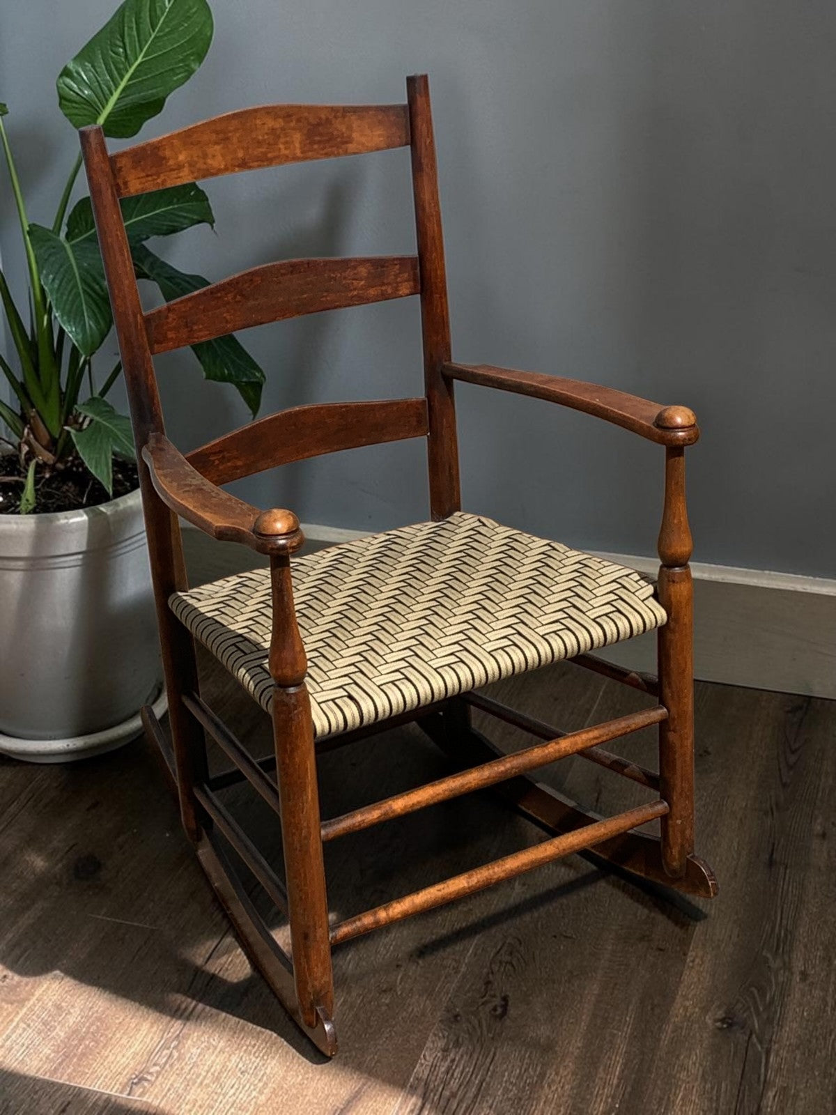 Antique American Child's Shaker Ladderback Rocking Chair Woven Seat c.1900