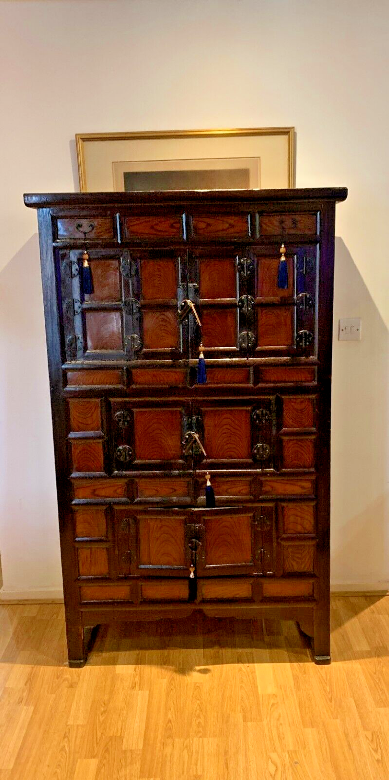 Gorgeous Vintage Korean Elm Bandaji Cabinet, Original Locks, Hanji Paper