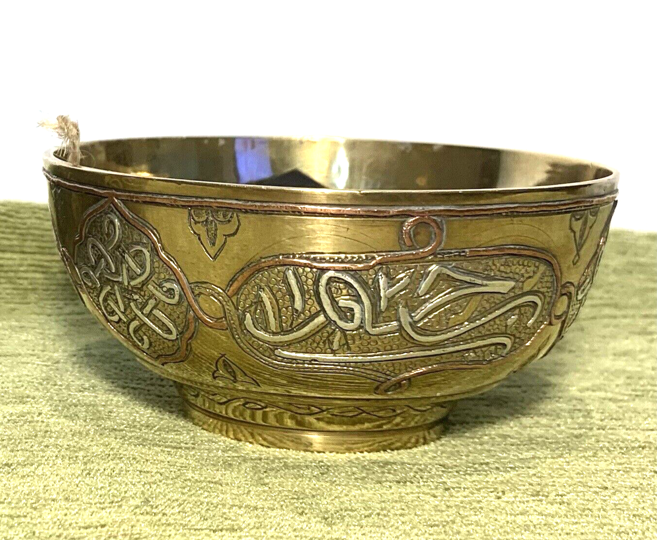 Antique Pair of Syrian Islamic Brass Bowls with Copper & Silver Inlay Decoration