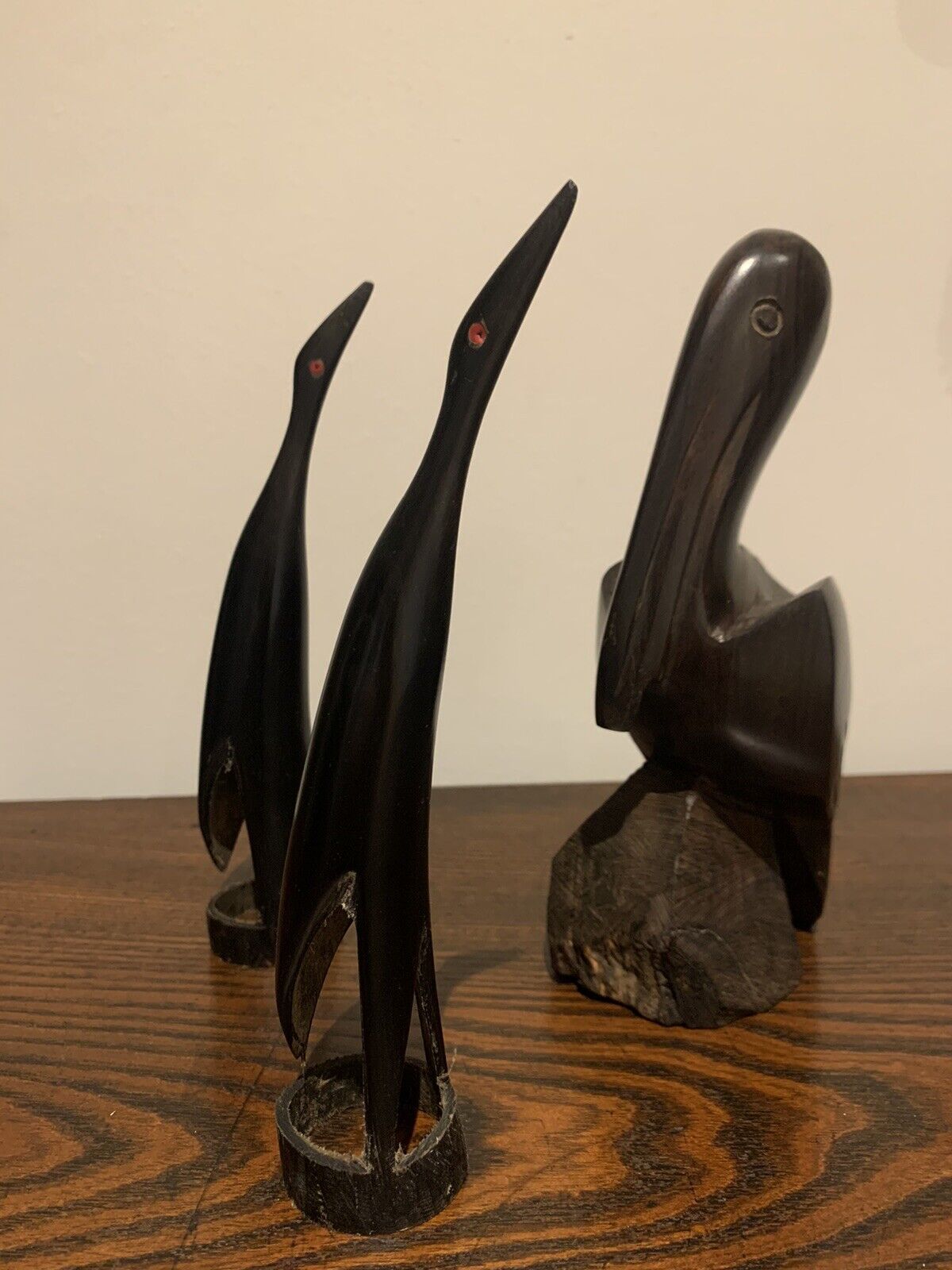 African (Benin) Carved Birds, Wooden Pelican & Pair of Horn Carved Cranes
