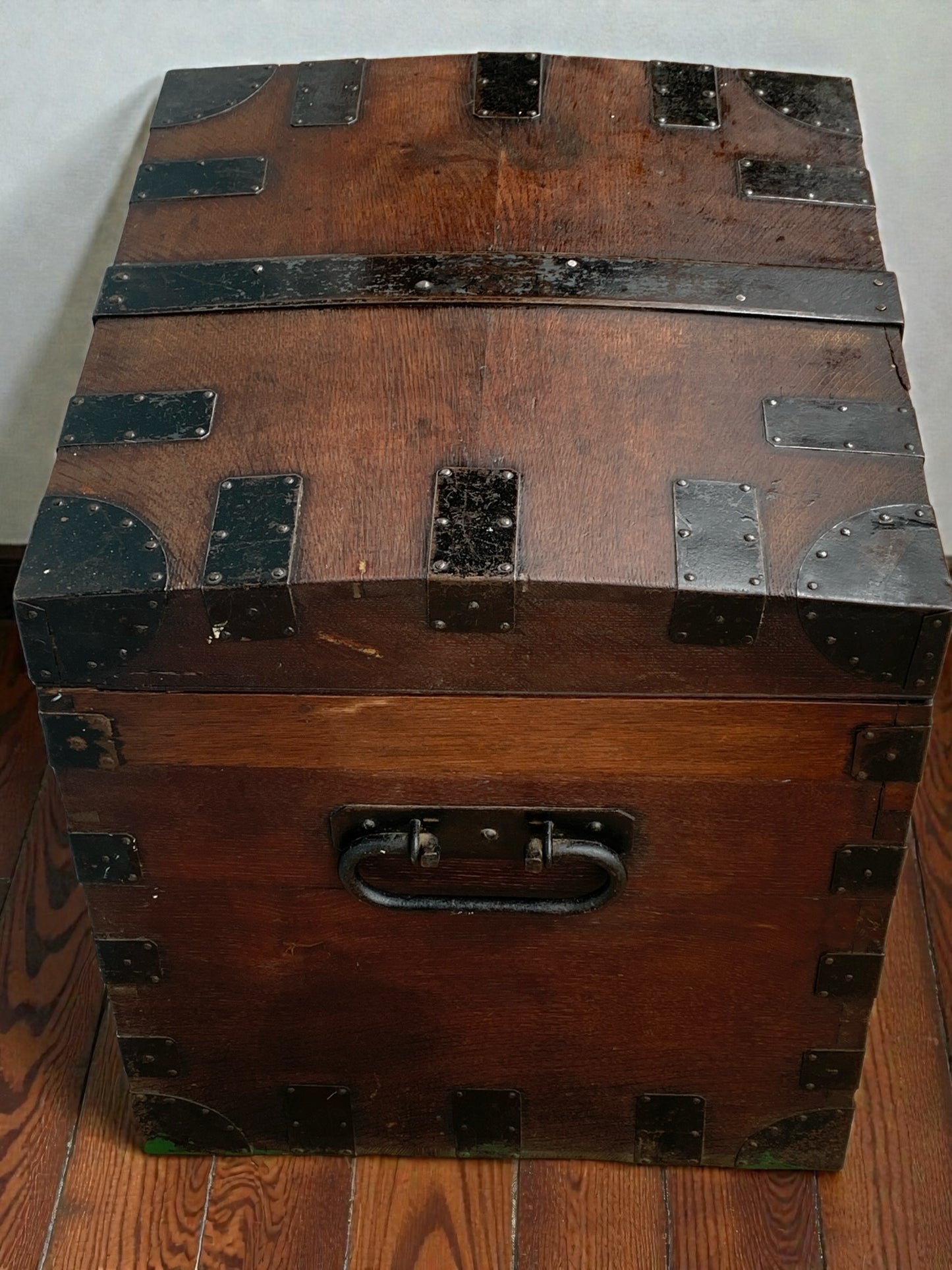 Antique English, Oak and Bound Iron Storage Trunk, Silver Chest, Campaign Chest, c 1800's.
