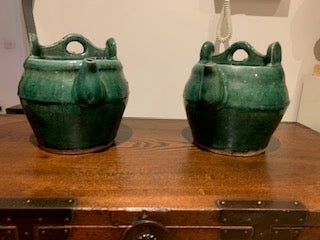 Pair of Antique Qing Dynasty (1800's) Green Glazed Shiwan Teapots, Chinese Antique Pottery, Ceramics