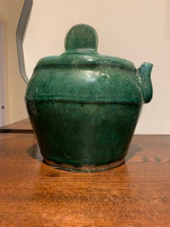 Pair of Antique Qing Dynasty (1800's) Green Glazed Shiwan Teapots, Chinese Antique Pottery, Ceramics