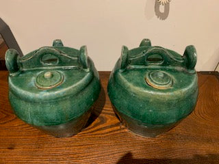 Pair of Antique Qing Dynasty (1800's) Green Glazed Shiwan Teapots, Chinese Antique Pottery, Ceramics