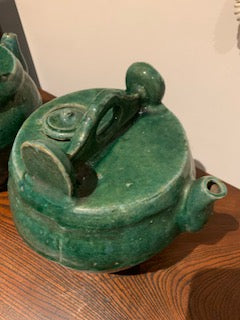 Pair of Antique Qing Dynasty (1800's) Green Glazed Shiwan Teapots, Chinese Antique Pottery, Ceramics