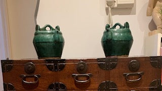 Pair of Antique Qing Dynasty (1800's) Green Glazed Shiwan Teapots, Chinese Antique Pottery, Ceramics