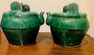 Pair of Antique Qing Dynasty (1800's) Green Glazed Shiwan Teapots, Chinese Antique Pottery, Ceramics