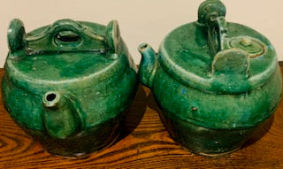 Pair of Antique Qing Dynasty (1800's) Green Glazed Shiwan Teapots, Chinese Antique Pottery, Ceramics