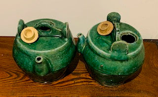 Pair of Antique Qing Dynasty (1800's) Green Glazed Shiwan Teapots, Chinese Antique Pottery, Ceramics