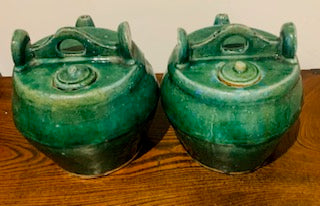 Pair of Antique Qing Dynasty (1800's) Green Glazed Shiwan Teapots, Chinese Antique Pottery, Ceramics