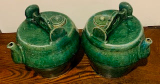 Pair of Antique Qing Dynasty (1800's) Green Glazed Shiwan Teapots, Chinese Antique Pottery, Ceramics
