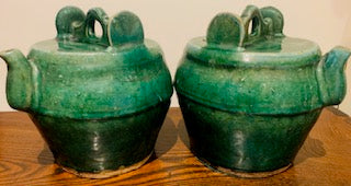 Pair of Antique Qing Dynasty (1800's) Green Glazed Shiwan Teapots, Chinese Antique Pottery, Ceramics