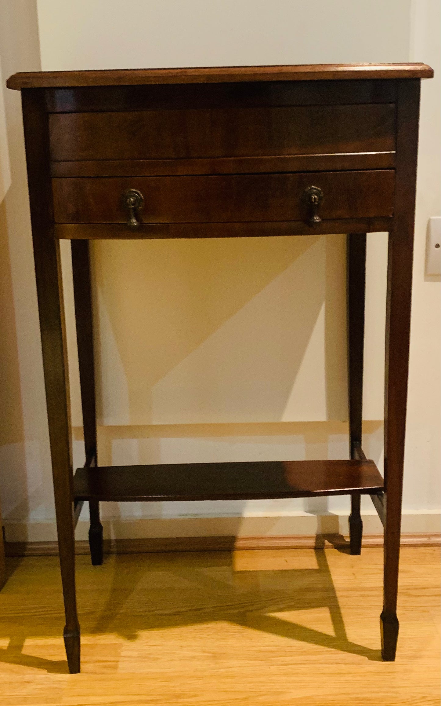 Antique Victorian Little Flame Mahogany Veneered Bow Fronted Needlework Table