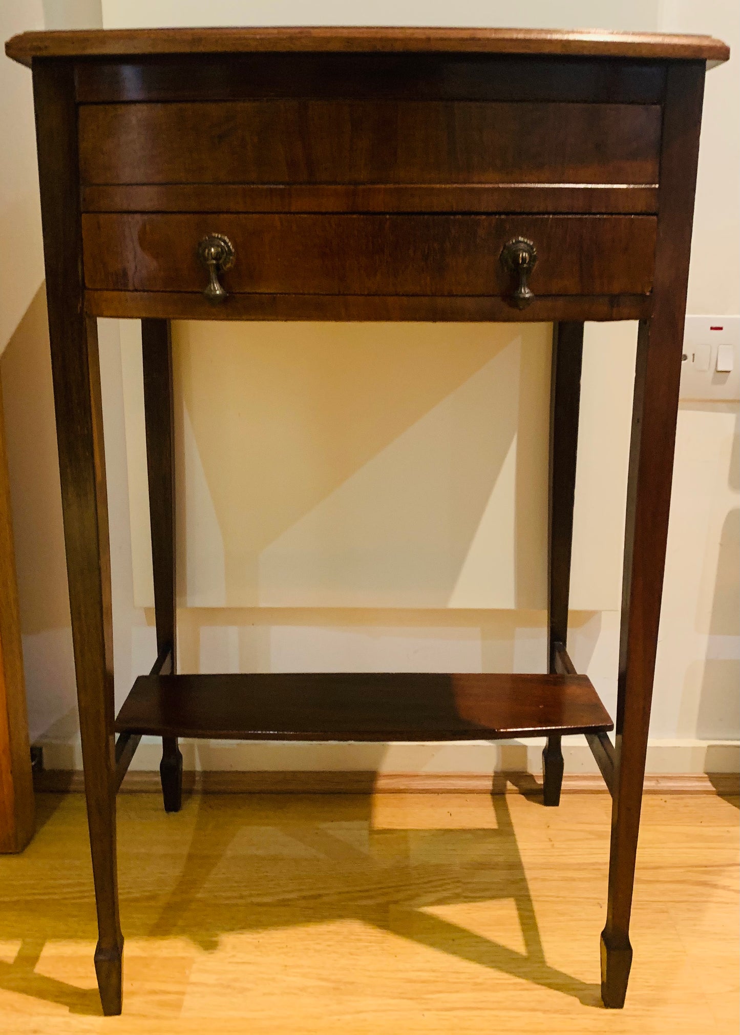 Antique Victorian Little Flame Mahogany Veneered Bow Fronted Needlework Table