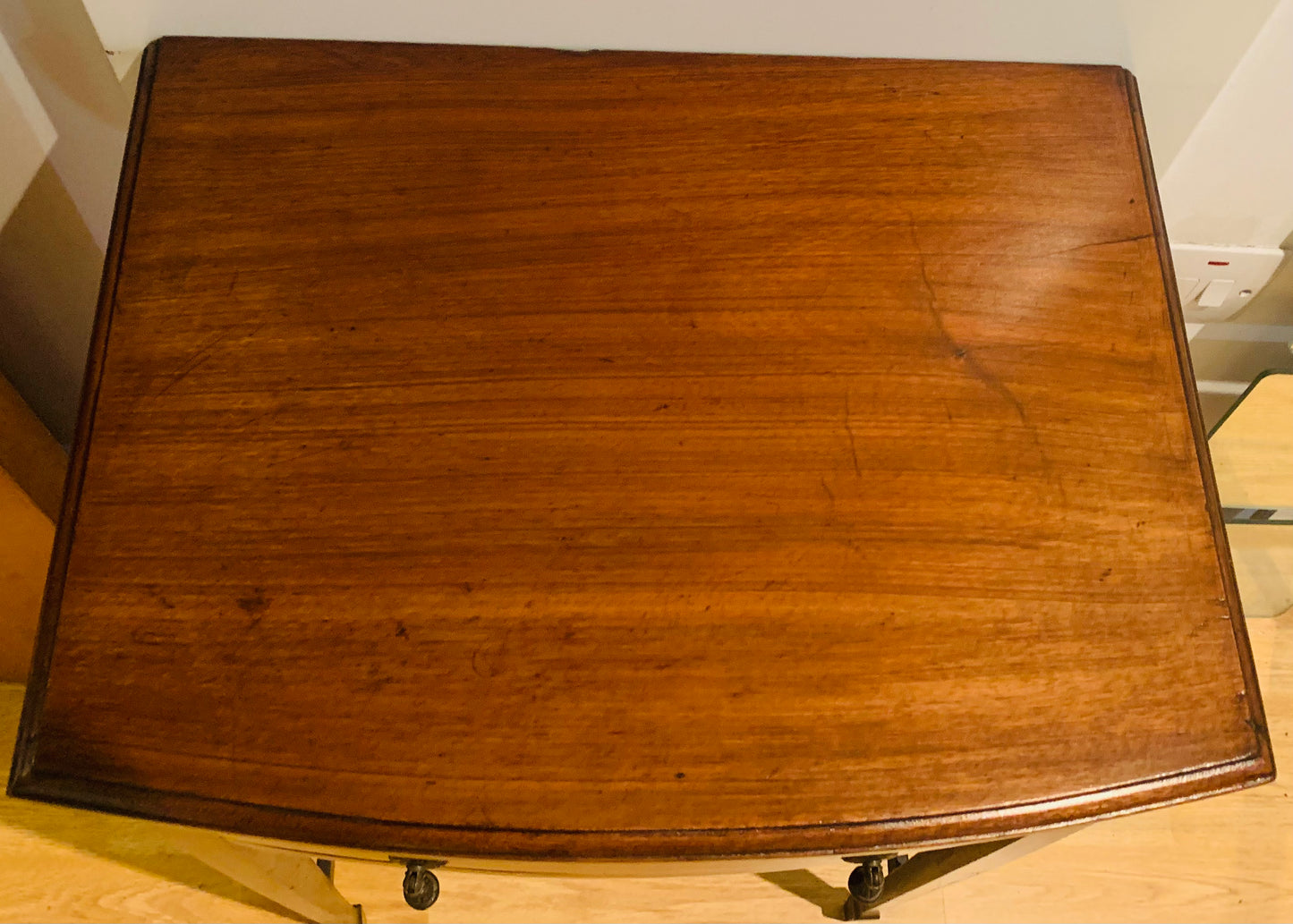 Antique Victorian Little Flame Mahogany Veneered Bow Fronted Needlework Table
