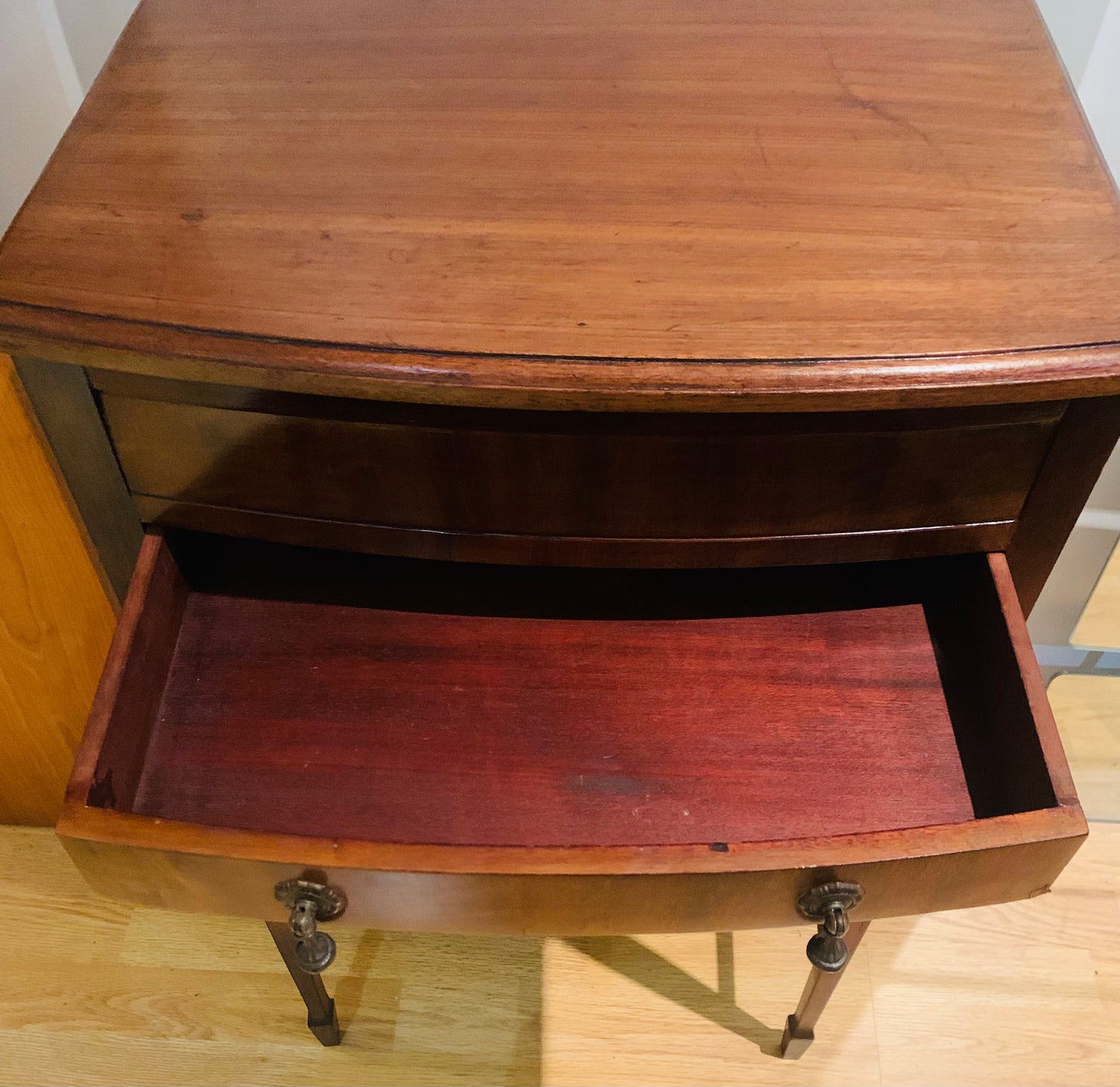 Antique Victorian Little Flame Mahogany Veneered Bow Fronted Needlework Table