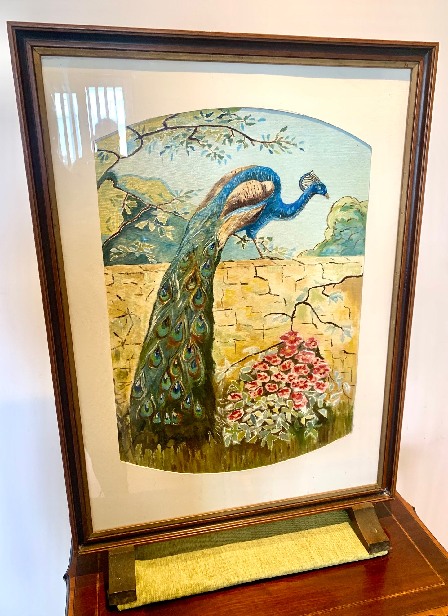 Vintage Hand Painted Peacock Art Deco Style Firescreen Mounted in Original Mahogany Frame, Original Oil Painting, Peacock Painting