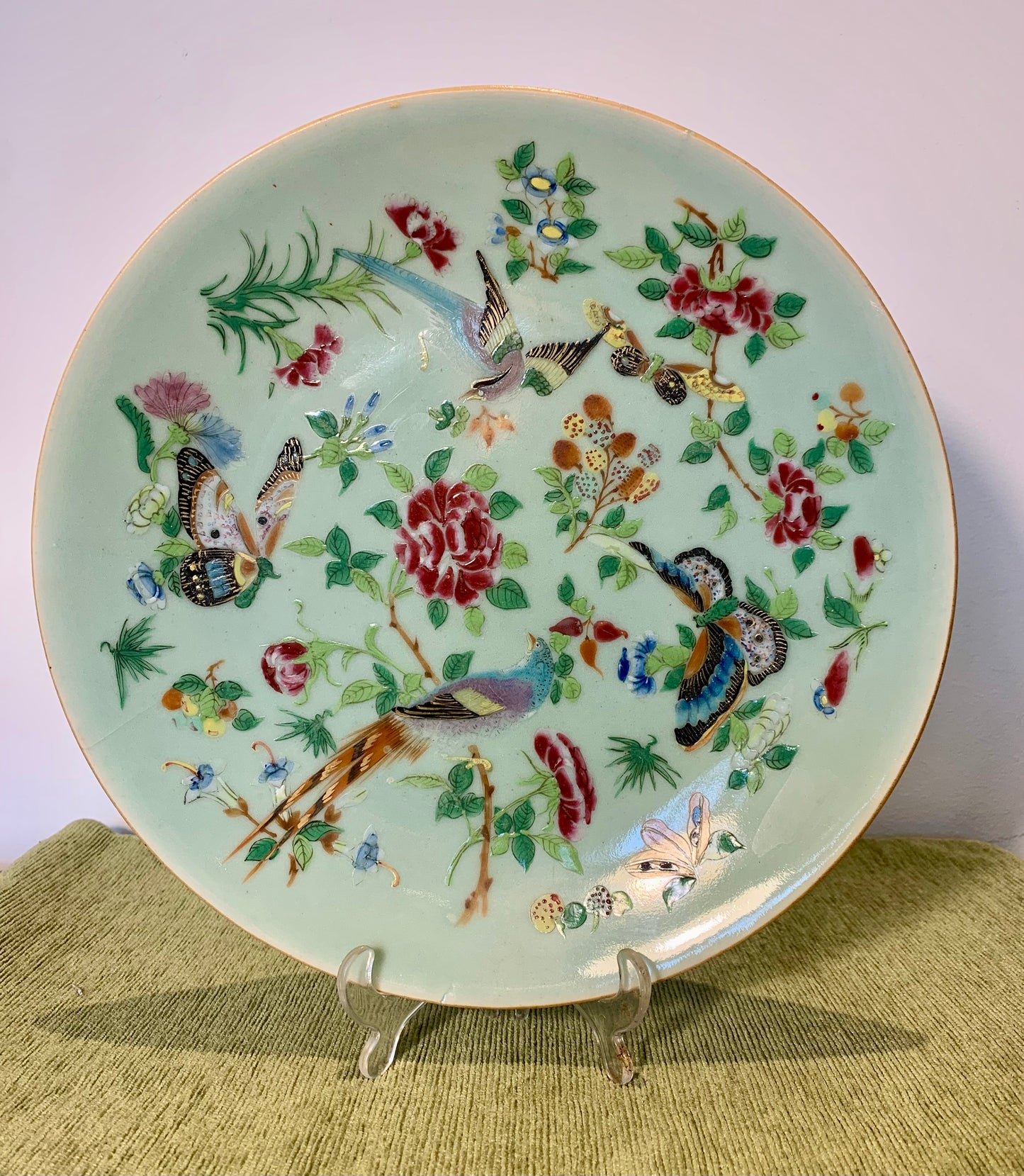 Antique 19th Century Qing Dynasty Celadon Plate. Chinese Celadon Famille Rose Decorated Plate