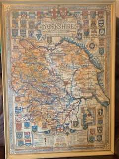 Vintage Large Yorkshire Framed Old Map on Linen. Brown Muff & Co, Bradford. East Riding, North Riding, West Riding