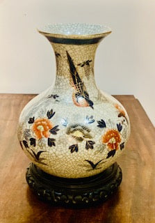 Antique Qianlong (1711-1799) Chinese Crackle Glazed Vase with birds and flowers, gold accents.