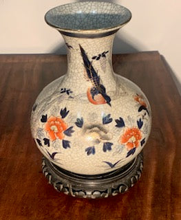 Antique Qianlong (1711-1799) Chinese Crackle Glazed Vase with birds and flowers, gold accents.