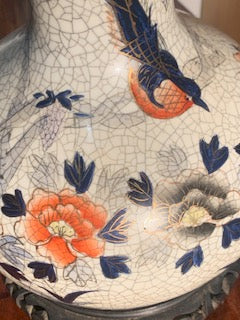 Antique Qianlong (1711-1799) Chinese Crackle Glazed Vase with birds and flowers, gold accents.