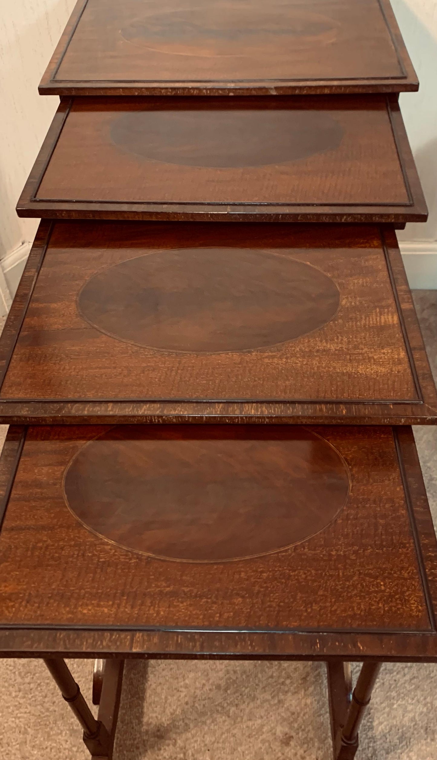 Antique 'Quartetto' (1890-1910), Nest of Four Mahogany 'Flame' Inlaid Tables