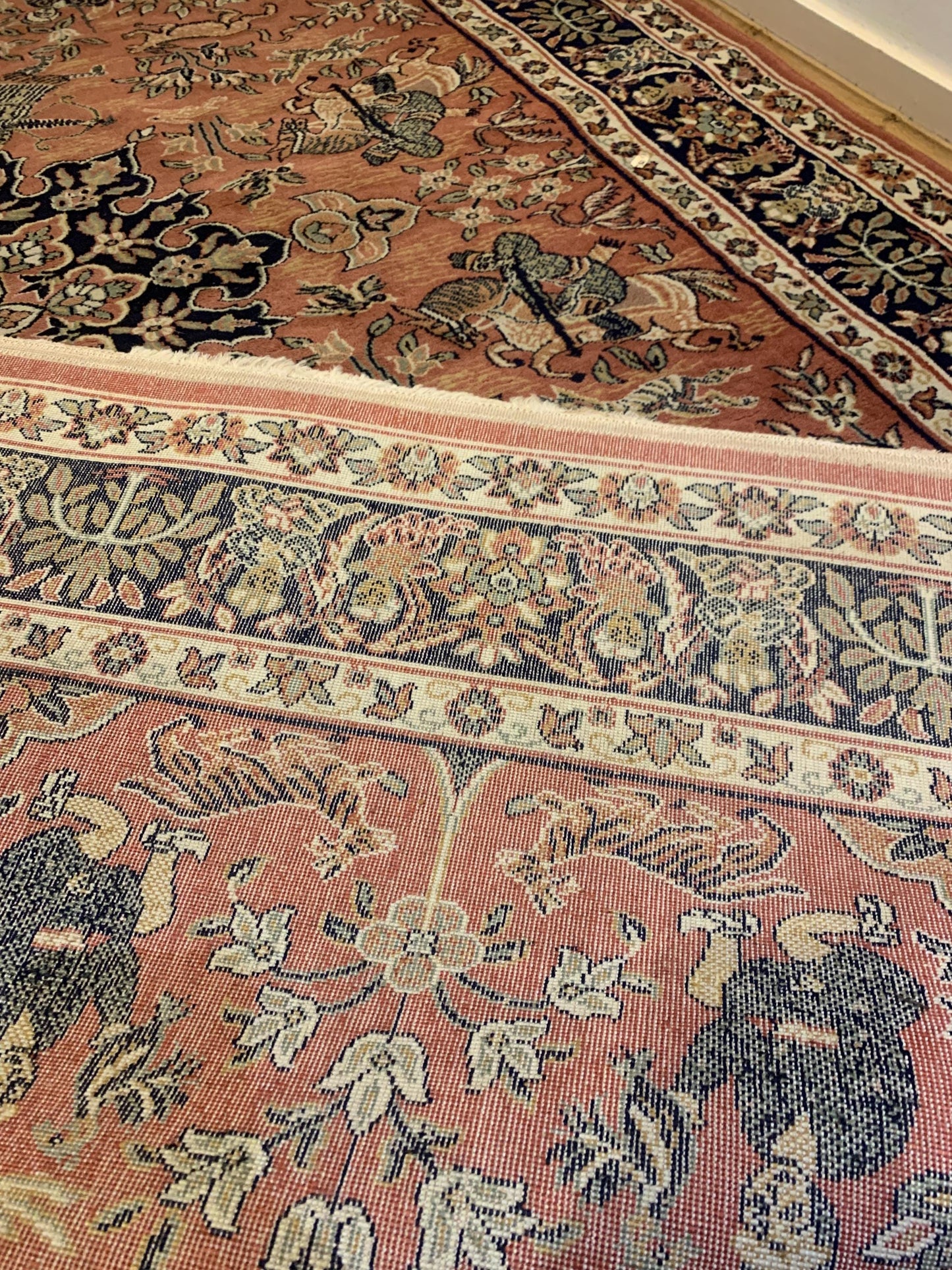 Vintage Persian Tabriz Style Large Area Rug - Coral Pink & Navy, Mid Century