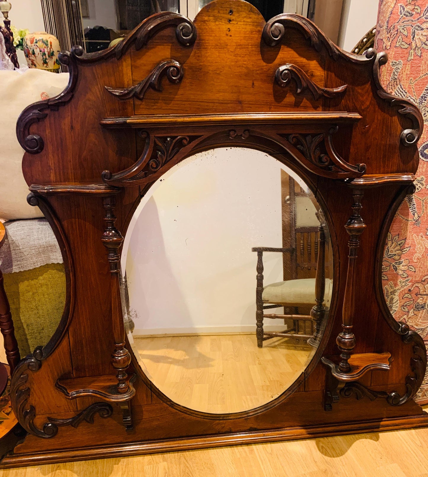 Antique Victorian Art Nouveau (1890-1910) Mahogany Over-Mantle Mirror.