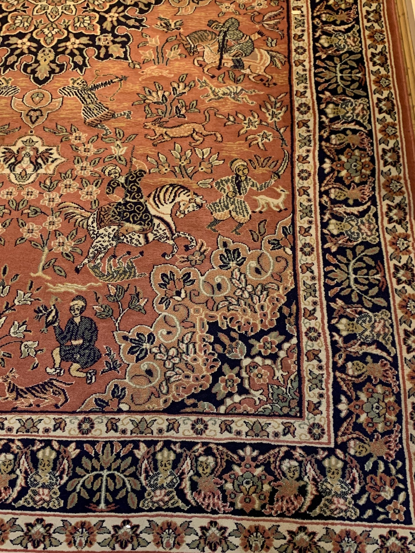 Vintage Persian Tabriz Style Large Area Rug - Coral Pink & Navy, Mid Century