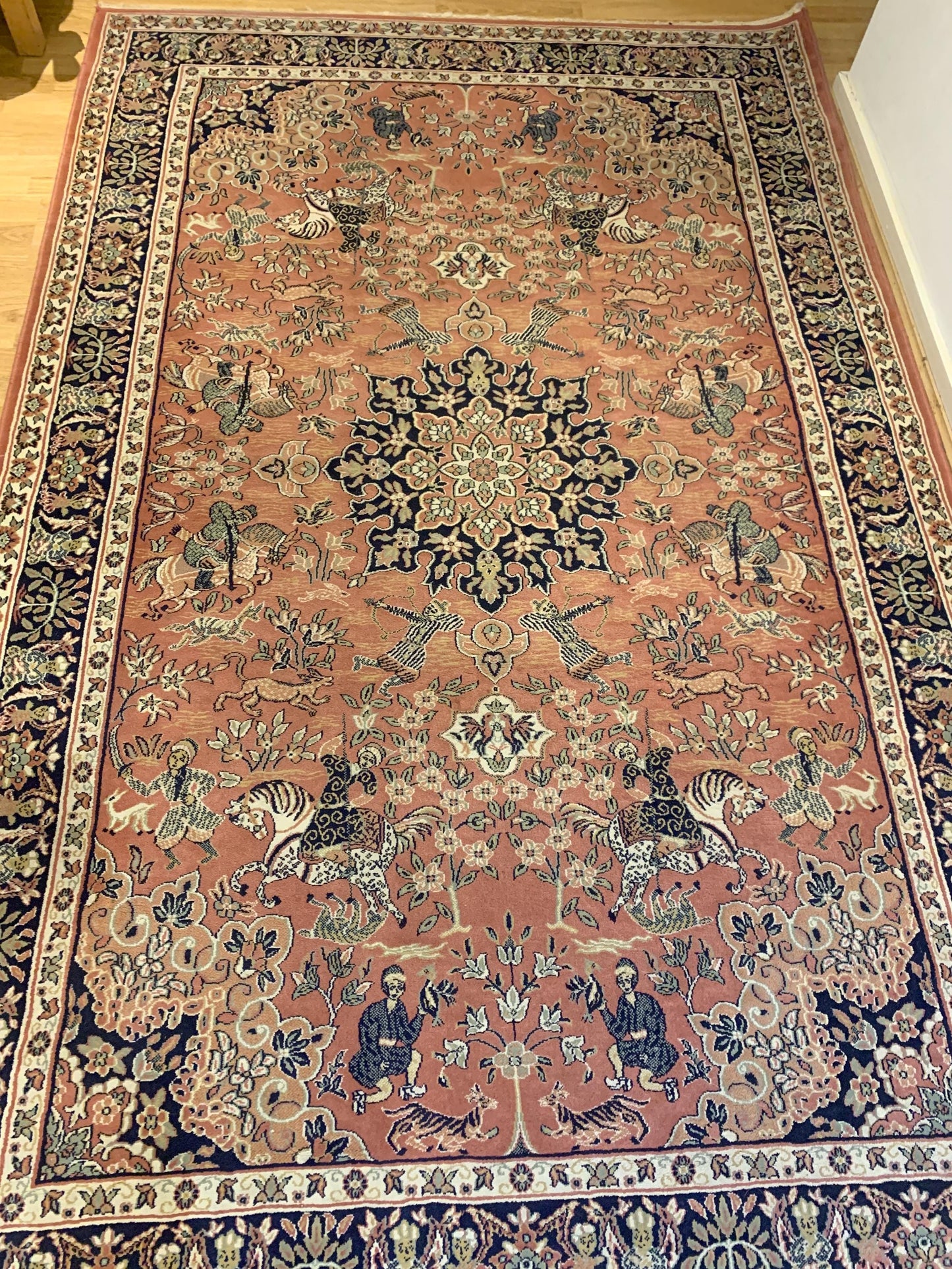 Vintage Persian Tabriz Style Large Area Rug - Coral Pink & Navy, Mid Century