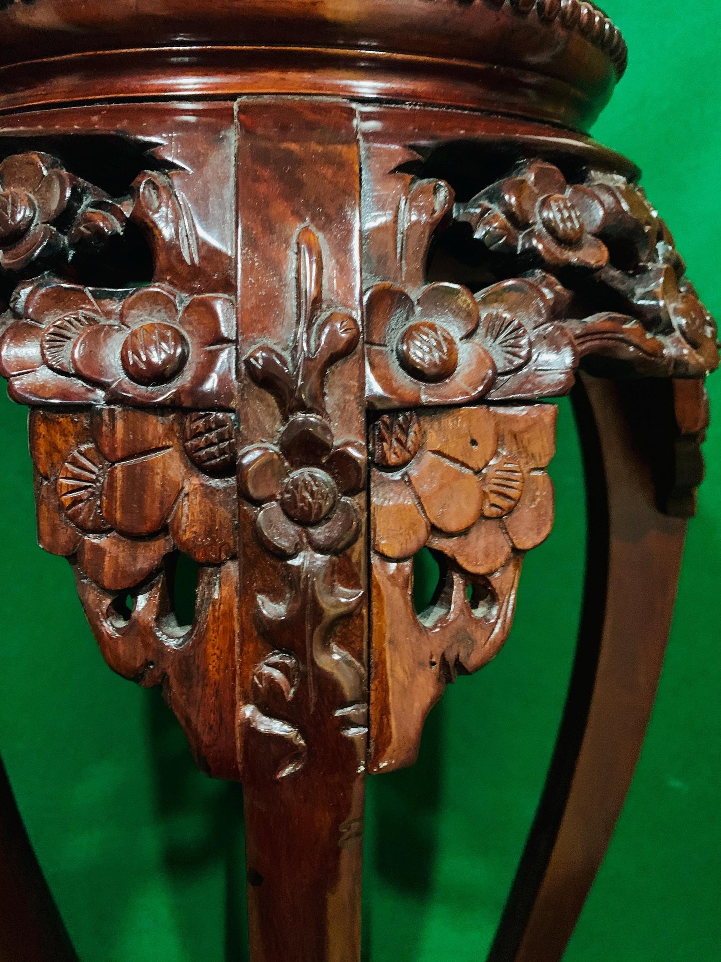 Vintage Chinese Rosewood Tall Plant Stand Jardinière with Carved Prunus Blossoms