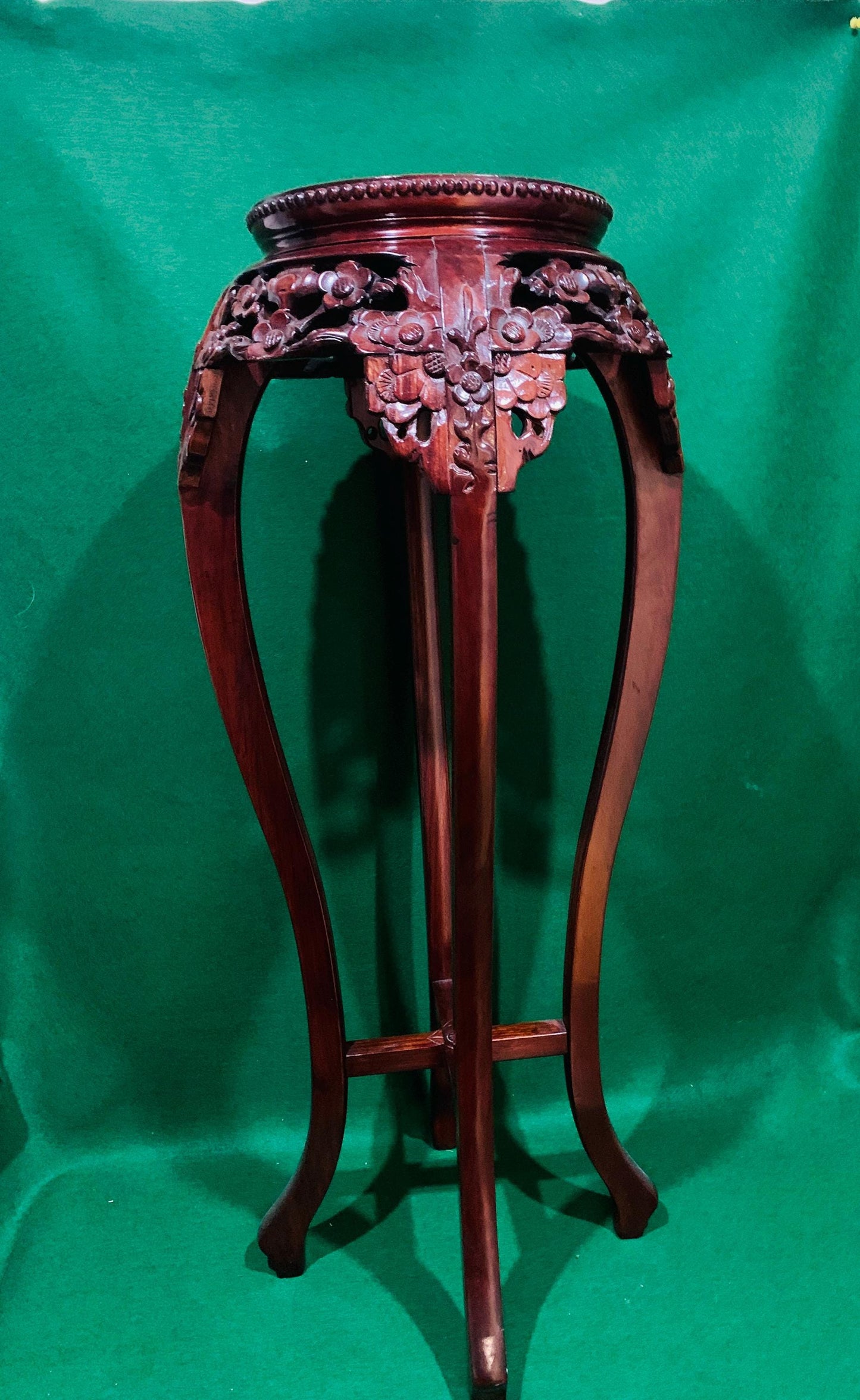 Vintage Chinese Rosewood Tall Plant Stand Jardinière with Carved Prunus Blossoms