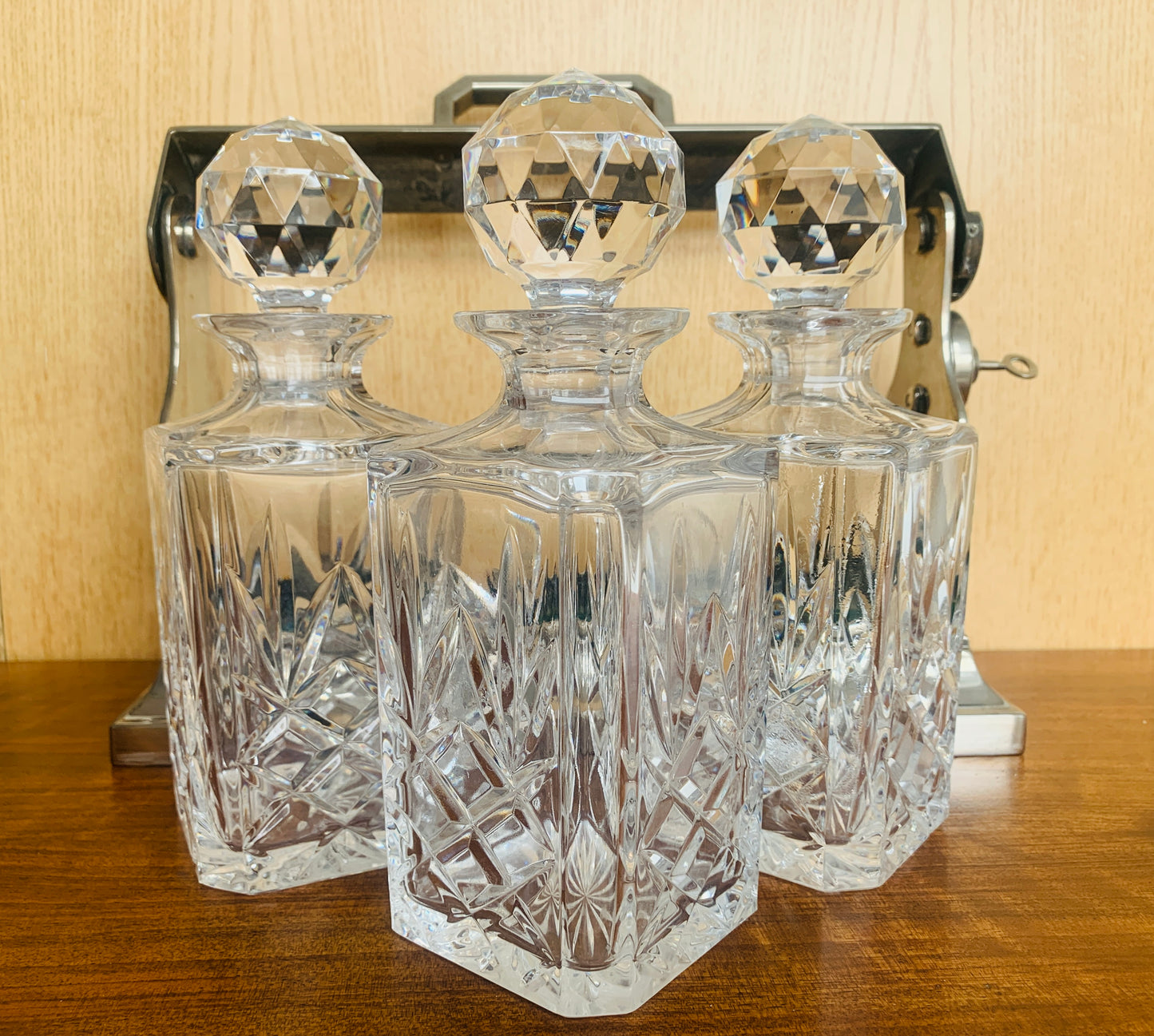 Art Deco Triple Tantalus Decanter Set – Silver Plate & Brilliant Cut Crystal (c. 1920s)